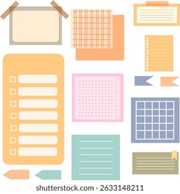 A set of colorful memo and planner elements including notes, checklists, grids, tabs, and labels in various pastel and warm tones, ideal for journaling or organizing.