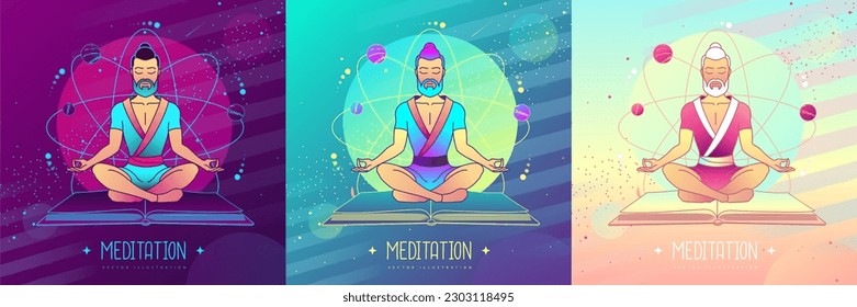 Set of colorful men meditation in lotus position on outer space background. Vector illustration