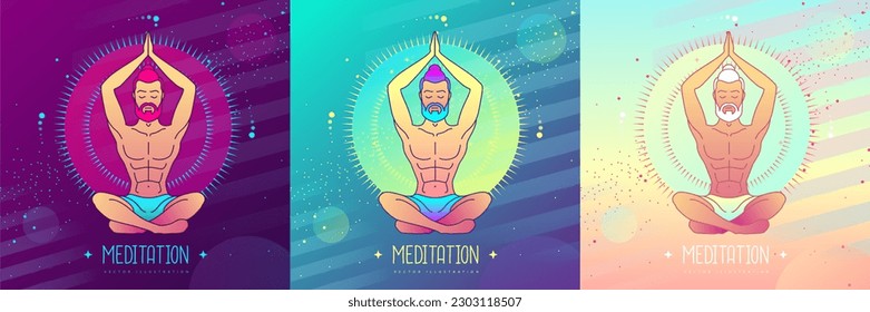 Set of colorful  men meditation in lotus position in the rays of the rising sun. Sun astrology sign. Vector illustration