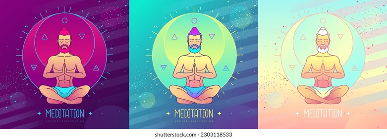 Set of colorful men meditation in lotus position in the rays of the rising sun. Sun and moon astrology sign. Vector illustration