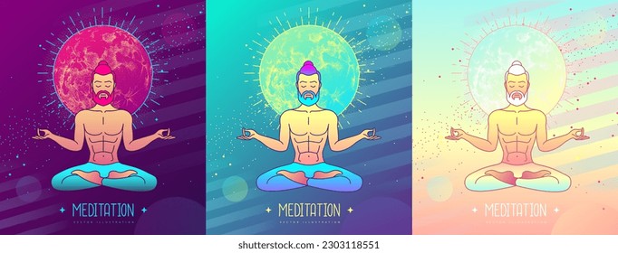 Set of colorful men meditation in lotus position with full moon. Moon astrology sign. Vector illustration