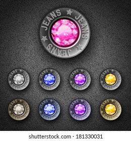 Set of colorful metal buttons with inscription jeans and simulated diamond, icons on denim