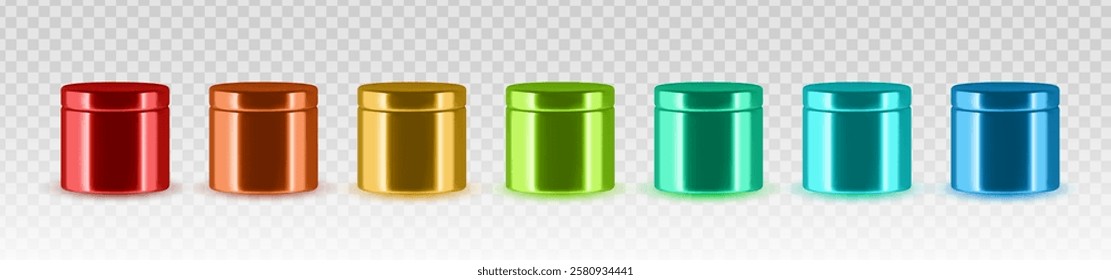 Set of colorful metallic cosmetic jars with reflective surfaces on transparent background.
