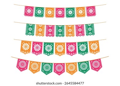 Conjunto de colorida grinaldas de papel festivo mexicano. Conjunto de bandeiras de papel picado brilhantes. Decorações para feriados, casamentos, festas, aniversários em estilo mexicano. Ilustração isolada de vetor.