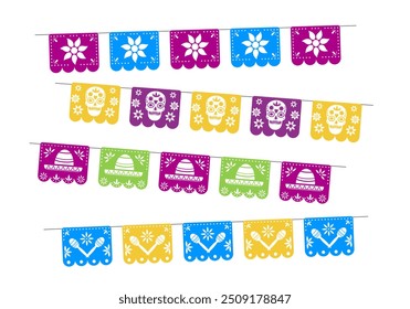 Farbenfrohe mexikanische Flaggen. Dekorationen für den Tag der Toten. Dia de los muetros. Papel Picado. Vektorelemente für das Design auf weißem Hintergrund. 