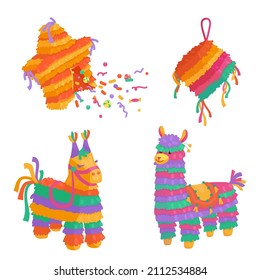 Eine Reihe von bunten mexikanischen Piñatas in Form eines Esel, eines Lamas, eines Würfels und eines gebrochenen Sterns mit fliegenden Süßigkeiten. Cartoon-Vektorgrafiken.