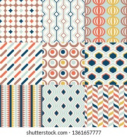 Set of colorful mid century geometric seamless patterns for interior design. Vector backgrounds collection