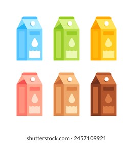 Set of colorful milk cartons representing various flavors or types of milk. Flat icon set isolated on white background. Dairy product diversity concept