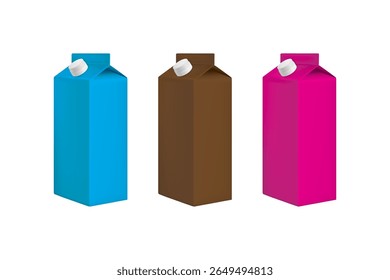 Conjunto de caixas coloridas de leite ou suco. Adequado para design de embalagem, marca de alimentos e conteúdo promocional de varejo.