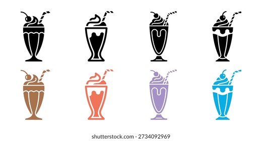 Um conjunto de ícones coloridos de milkshake com chantilly, canudos e diferentes tons.