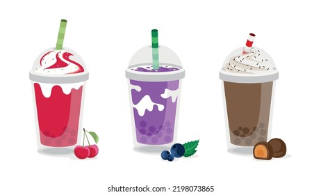 Set of colorful milkshakes in cartoon style. Vector illustration of summer refreshing drinks with cherries, blueberries and chocolate on white background.