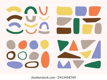 Set of colorful minimalist abstract shapes. Collection of simple naive hand drawn geometric forms. Decorative flat vector illustrations for web, social networks, print and branding.