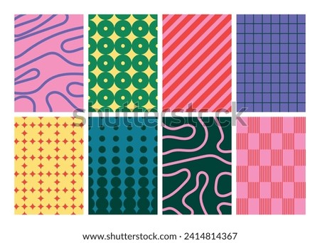 Set of colorful minimalist festive backgrounds for greeting card, postcard, invitation, cover, flyer, brochure or poster. Abstract flat vector illustrations with simple and playful patterns.