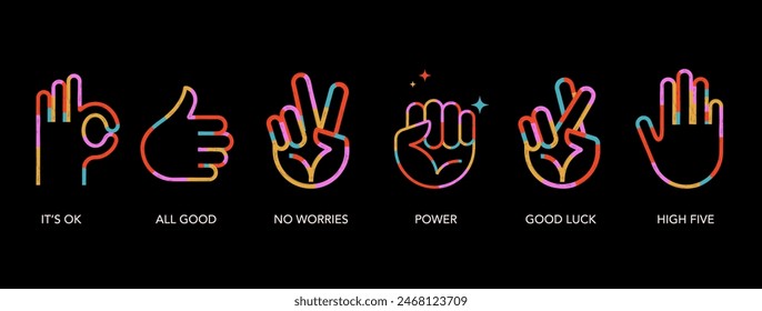 Set of colorful minimalist hand gestures icons, vector illustration and concept design