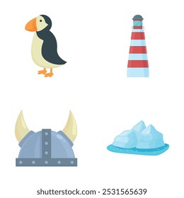 Set of colorful minimalist icons including a seabird, a lighthouse, a norse helmet, and an iceberg