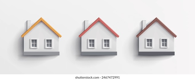 A set of colorful minimalistic 3D houses. For advertising and promotion of real estate. A sign, an icon, a symbol of a cozy house. Vector