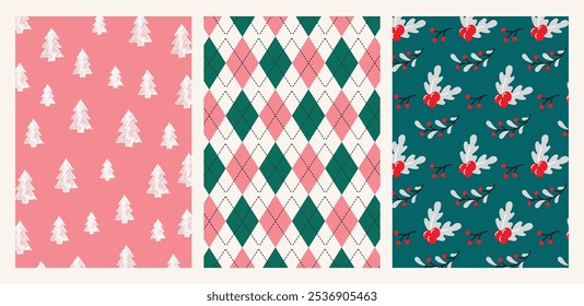 A set of colorful minimalistic Christmas patterns with a Scandinavian Norwegian simple winter print