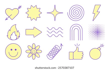 A set of colorful minimalistic line art various shapes, including a heart, star, flame, and smiley face. Perfect for modern graphic design projects, web design, and creative branding. Vibrant and vers