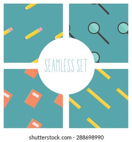 Set of colorful minimalistic seamless patterns with school supplies. Seamless background.