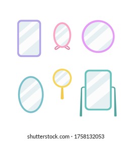 Set of colorful mirrors different shapes with blurry reflection minimalist icons simple design in flat style. Vector illustration isolated on white background
