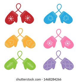 Set of colorful mitten pairs on white background. Mitten icons.