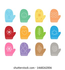 Set of colorful mittens in flat style. Vector illustration.
