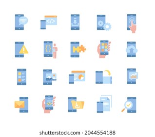 Set of colorful mobile app related icons on white background. Colorful smartphone templates with such icons as component, analytics, coding and other modern elements. Flat cartoon vector illustration