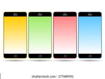 Set of colorful mobile smart phones. Yellow, green, red and blue