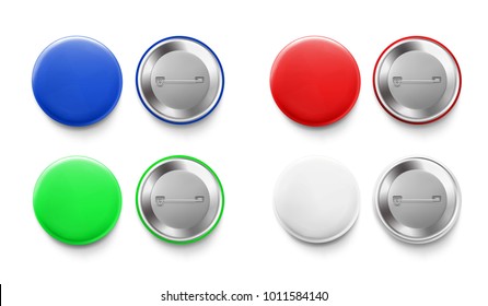 Set of colorful mockups of white badges. Vector realistic illustration on white background, ready and simple to use for your design.