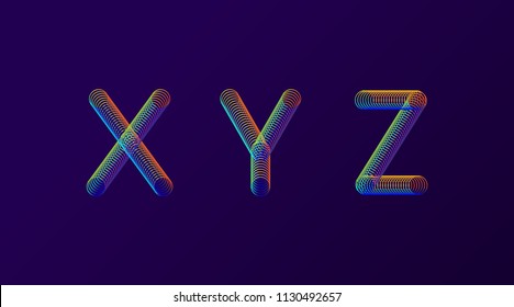 Set of colorful modern abstract letters creative design vector illustration. Rainbow Neon spring alphabet isolated on dark purple background.