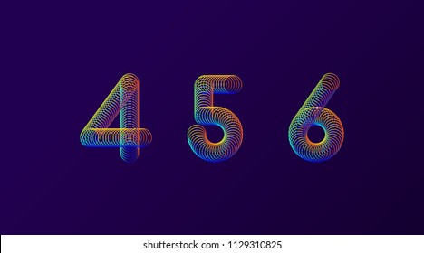 Set of colorful modern abstract numbers creative design vector illustration. 4 5 6 Rainbow Neon spring digits isolated on dark purple background.