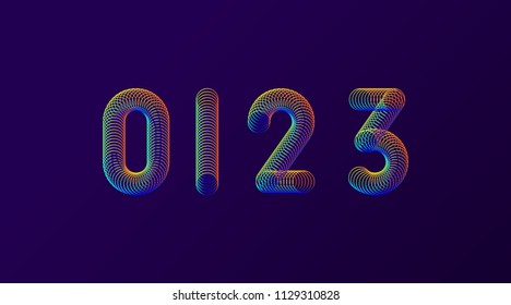Set of colorful modern abstract numbers creative design vector illustration. 0 1 2 3 Rainbow Neon spring digits isolated on dark purple background.