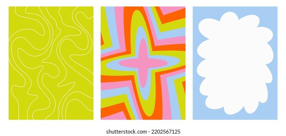 Set of colorful modern backgrounds. Vector posters in the style of the 90s. Psychedelic pattern. Vector illustration isolated on a white background. Trendy futuristic Graphic Template