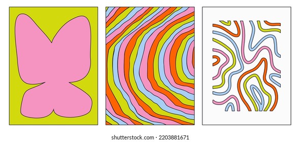 Set of colorful modern backgrounds. Vector posters in the style of the 90s. Psychedelic pattern. Vector illustration isolated on a white background. Trendy futuristic Graphic Template