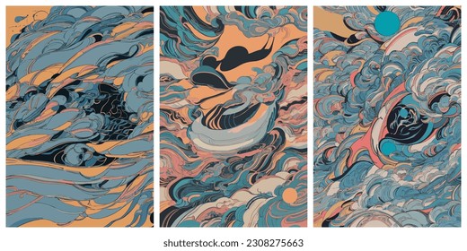 Set of colorful Modern banner with abstract clouds. Retro futuristic poster. Abstract vector geometric illustration. Future concept. Creative graphic design in a retro style.