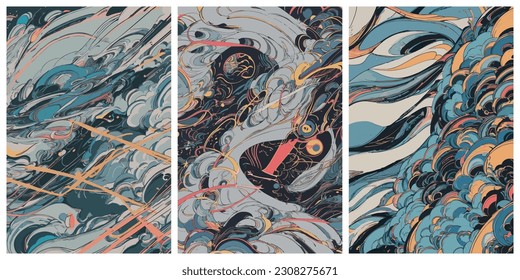 Set of colorful Modern banner with abstract clouds. Retro futuristic poster. Abstract vector geometric illustration. Future concept. Creative graphic design in a retro style.