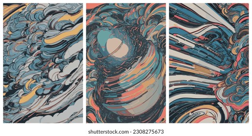 Set of colorful Modern banner with abstract clouds. Retro futuristic poster. Abstract vector geometric illustration. Future concept. Creative graphic design in a retro style.