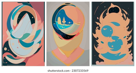 Set of colorful Modern banner with geometric shapes and outer space. Retro futuristic poster. Abstract vector geometric illustration. Future concept. Creative graphic design in a retro style.