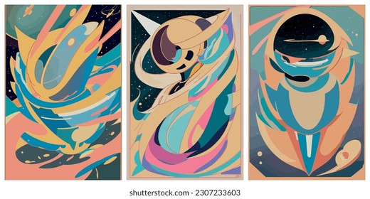 Set of colorful Modern banner with geometric shapes and outer space. Retro futuristic poster. Abstract vector geometric illustration. Future concept. Creative graphic design in a retro style.