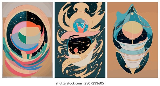 Set of colorful Modern banner with geometric shapes and outer space. Retro futuristic poster. Abstract vector geometric illustration. Future concept. Creative graphic design in a retro style.