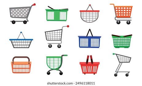 Set colorful, modern baskets and shopping carts in cartoon style. Vector illustration of beautiful grocery baskets and carts for shops, supermarkets, shopping malls isolated on white background.