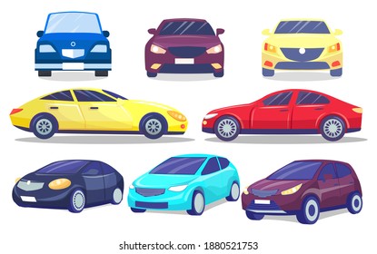 Set of colorful modern cars, automobiles from front and side. Vehicle of everyday using transport. Transportation, taxi. Comfortable auto for driving. Sedan or hatchback auto with tinted windows