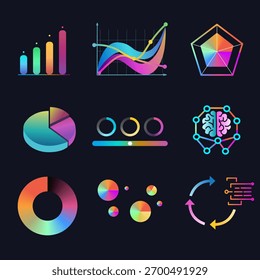 Conjunto de gráficos y gráficos de análisis de datos coloridos y modernos con un degradado de neón brillante, perfecto para infografías de negocios, diapositivas de presentaciones e informes de tecnología