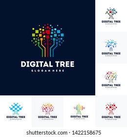 set of Colorful Modern Digital tree logo designs concept vector, Tech Tree Logo symbol vector