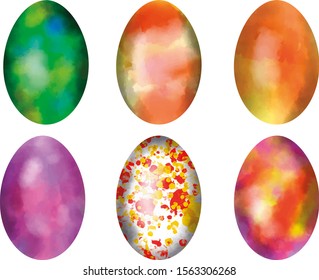 Set of colorful modern easter eggs painted in watercolor paint and isolated on white background. Vector eps 10 illustration.