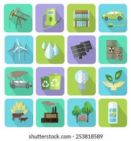 Set of colorful modern ecology icons with long shadow. Vector illustration.