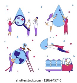 Set Colorful modern flat cartoon characters business delivery,preservation,analysis,clean water production concept.Hand drawn outline character little people work-analyze,purificate,transport water