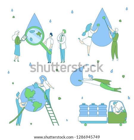 Set Colorful modern flat cartoon characters business delivery,preservation,analysis,clean water production concept.Hand drawn outline character little people work-analyze,purificate,transport water