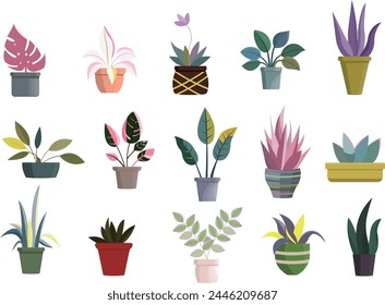 Set of colorful modern houseplants. Urban jungle trendy home decor. Vector illustration