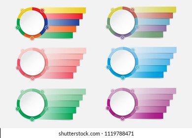 Set of colorful modern infographic labels as a a circle divided into five sections and rectangles ready for your text. Made as colorful, matte color shades and shades of purple, green, blue and red.